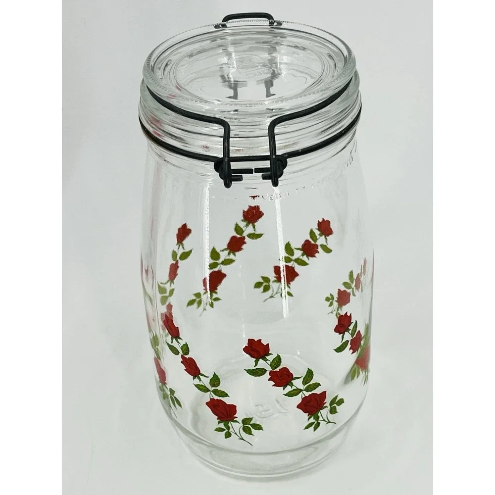 Vintage Arc Red Roses Flowers 1.5 Liter Glass Cannister Jar France Latched Lid